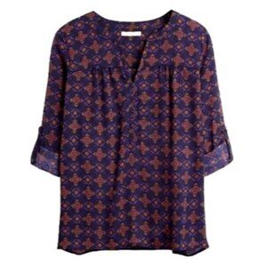 Skies Are Blue Shirt Women Medium Blue‎ York Tile Print Roll Tab Sleeve Blouse